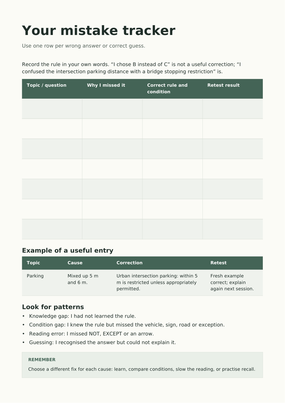 Sample printable mistake tracker